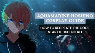 Aquamarine Hoshino cosplay guide banner showing the anime character with blue star eyes against a dark background.