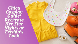 Chica cosplay flat lay with a yellow dress, white bib, cupcake prop, and orange shoes