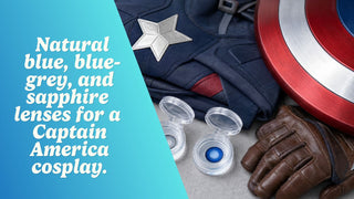 Captain America cosplay flat lay with a shield prop, navy suit fabric, and blue colored contacts in cases