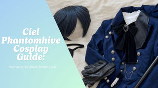 Ciel cosplay flat lay with a blue-gray wig, black eyepatch, cane, and blue contacts