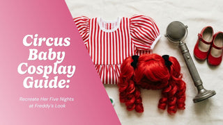 Circus Baby cosplay flat lay with a red-and-white dress, red pigtail wig, and microphone