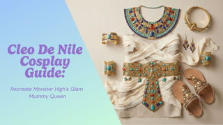 Turquoise and gold Cleo De Nile cosplay pieces with cream mummy-wrap details