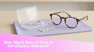 Eyeglasses beside a small repair kit with screwdriver, screws, and replacement nose pads