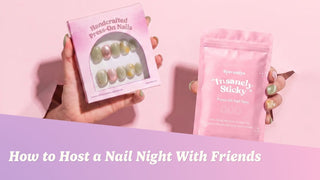 A cozy nail night station with press-on sets, tools, and snack bowls on cream