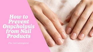 Pair of healthy hands wearing short 2 mm nude-pink EyeCandys press-on nails on a soft blush background