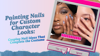 Black stiletto and pastel pink almond press-on nail sets styled side by side for cosplay