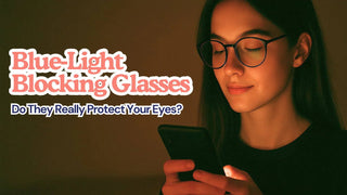 Woman wearing round black blue light glasses looks down at a glowing phone in dim lighting.