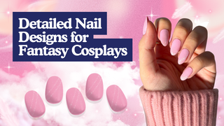 Hand wearing pink shimmer cosplay nails beside five matching gel stickers on a pink background.