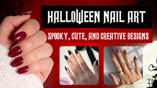 Spooky nail art ideas featuring glossy dark red, black glitter, and shimmering copper manicured nails.