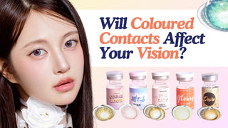 Woman wearing grey colored contacts beside lens vials and text asking Will Coloured Contacts Affect Your Vision?