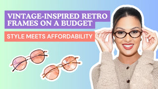 Woman wearing oval tortoiseshell retro frames beside two pairs of pink-tinted sunglasses.