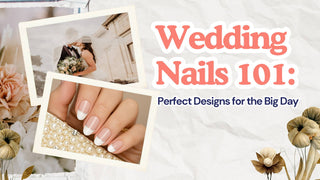 French tip wedding nails on a pearl purse beside a married couple and text reading Wedding Nails 101.