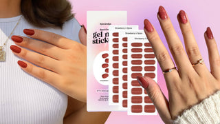Two hands showing matte and glitter red-brown minimalist nails next to Eyecandys semi-cured gel nail stickers.