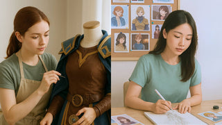 A woman adjusts a costume on a mannequin beside another sketching cosplay details in a sketchbook.