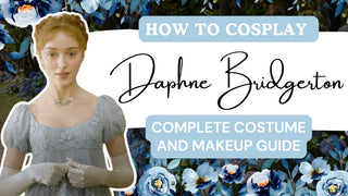 Daphne Bridgerton costume guide banner showing Daphne in a pale blue Regency dress with white gloves.