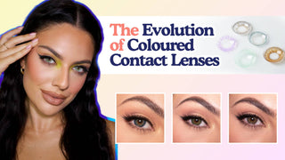 Woman wearing green lenses beside loose lenses and eye close-ups in blue, green, and brown colored contacts.