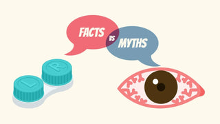 A teal contact lens case beside an irritated red eye with facts vs myths speech bubbles.