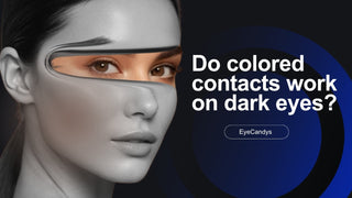 Dark brown eyes wearing EyeCandys grey-blue colored contact lenses showing dramatic color transformation