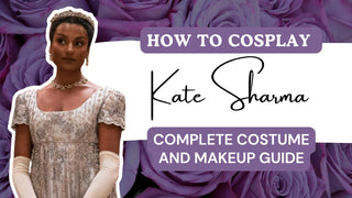 Kate Sharma costume guide banner featuring her in an embellished gown and tiara against purple roses.