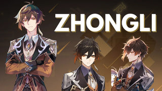 Illustrations showing the Zhongli outfit, amber eyes, and brown hair with orange tips beside text reading ZHONGLI.