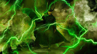 Loki in a flowing green robe and horned headpiece surrounded by crackling green magical energy.