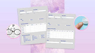 Eyeglass and contact lens prescription forms with an eye chart and a contact lens on a fingertip.