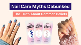 Nail myths banner with manicured blue and glitter pink nails alongside semi-cured gel nail sticker packs.