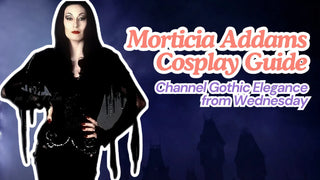 Morticia Addams cosplay guide text beside a woman wearing a black gothic gown with pale makeup and red nails.