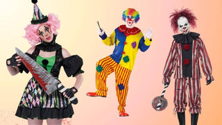 Three clown cosplay options featuring a colorful jumpsuit clown and two eerie horror clowns holding props.