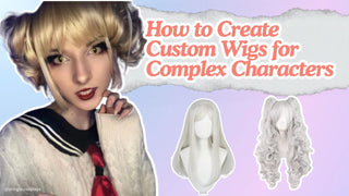 A cosplayer in blonde buns and yellow contacts beside two custom cosplay wigs displayed on mannequin heads.