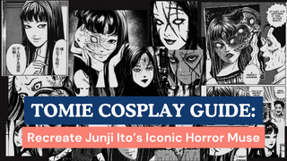 Collage of Tomie manga panels with banners reading Tomie Cosplay Guide: Recreate Junji Ito's Iconic Horror Muse.