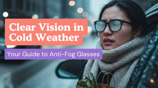 Woman holding groceries with fogged black eyeglasses outdoors in cold weather.