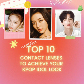 three k pop idols wearing colored contact lenses