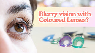 A brown eye next to colored contacts with text asking Blurry vision with Coloured Lenses?