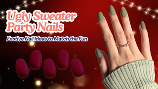 Hand with olive green nails next to maroon press on nails against a red holiday background with fairy lights.