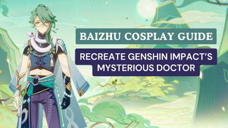 Baizhu cosplay guide graphic showing the Genshin Impact character with green hair, glasses, and a white snake.
