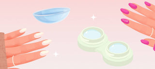 Illustration of hands with long pink and white nails beside a contact lens and lens case.