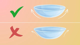 A checkmark shows a correctly oriented bowl-shaped contact lens, and a red cross marks a flared inside-out lens.