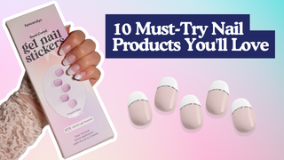 Hand holding Eyecandys gel nail stickers box beside nude French tip nails with text about must-try nail products.