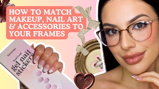 Woman wearing cat eye glasses holding an Eyecandys gel nail stickers box next to frame styling tips.
