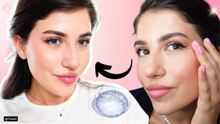 Before-and-after transformation of a woman wearing colored contact lenses, showcasing the impact of eye color change on personal style.