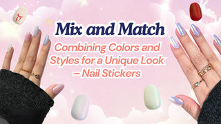 Hands displaying mix and match nail designs with pastel glitter and iridescent styles against pink clouds.
