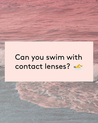 Pink ocean waves behind a light pink card asking if you can swim with contact lenses.