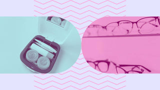 An open contact lens travel kit and eyeglasses on display shelves with a pink chevron background.