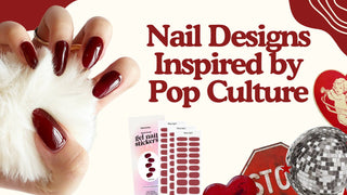 Hand with glossy wine red nails holding a white puff beside EyeCandys semi-cured gel nail stickers in Wine Not.