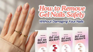 Hand with glossy nude nails beside Eyecandys gel nail sticker boxes and text on safe gel nails removal.