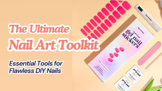 Eyecandys pink gel nail stickers with nail art tools including a nail file, prep pads, and UV light.