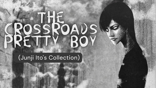 Manga art banner featuring the crossroads pretty boy with white eyes and dark hair on a foggy street.