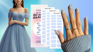 Blueberry Milk gel nail stickers and light blue prom nails with pearl accents beside a matching tulle gown.