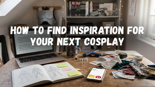 Text reads How to Find Inspiration for Your Next Cosplay above a workshop desk with costume sketches and craft supplies.